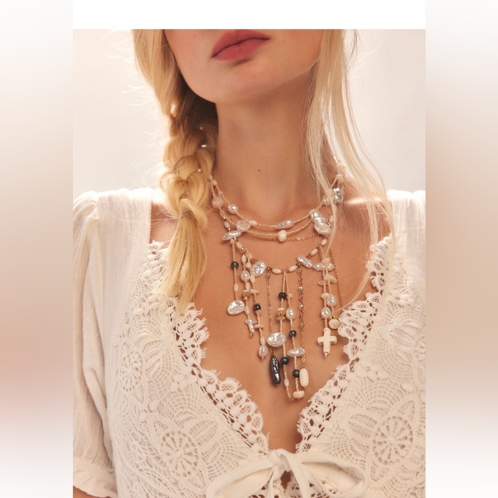 Free People Multi-Strand Pearl and Charm Necklace in White and Black
